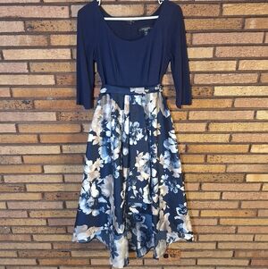 R&M Richards Size 4P 3/4 Sleeve High Low Navy Floral Dress